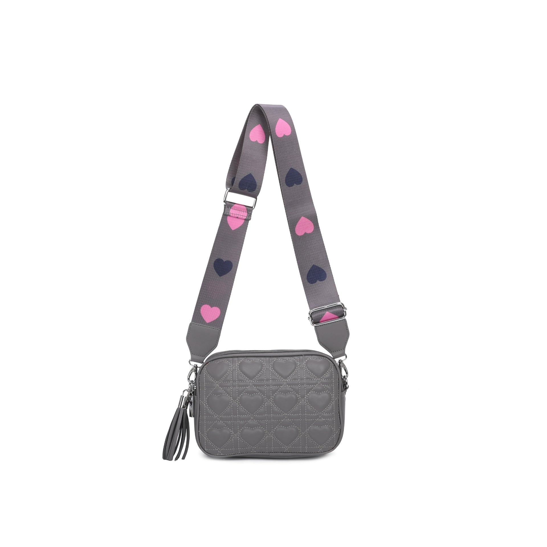 Grey Alice Quilted Hearts Crossbody Bag