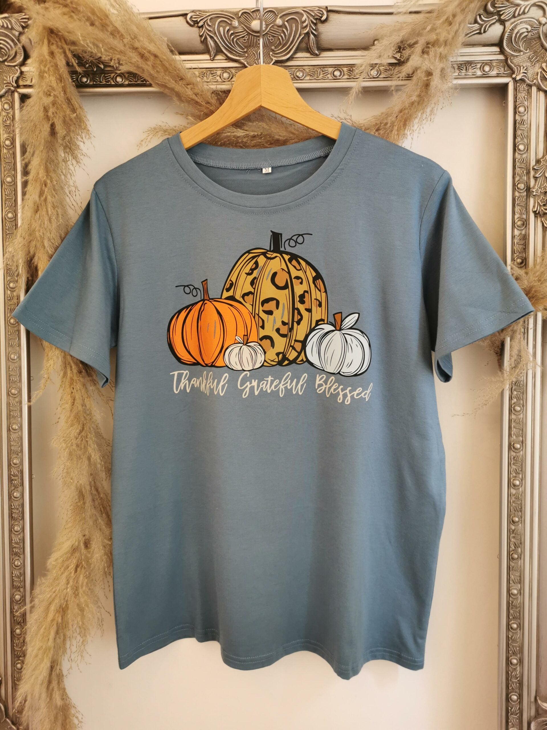 Denim Blue Thankful Grateful Blessed Pumpkin T-Shirt