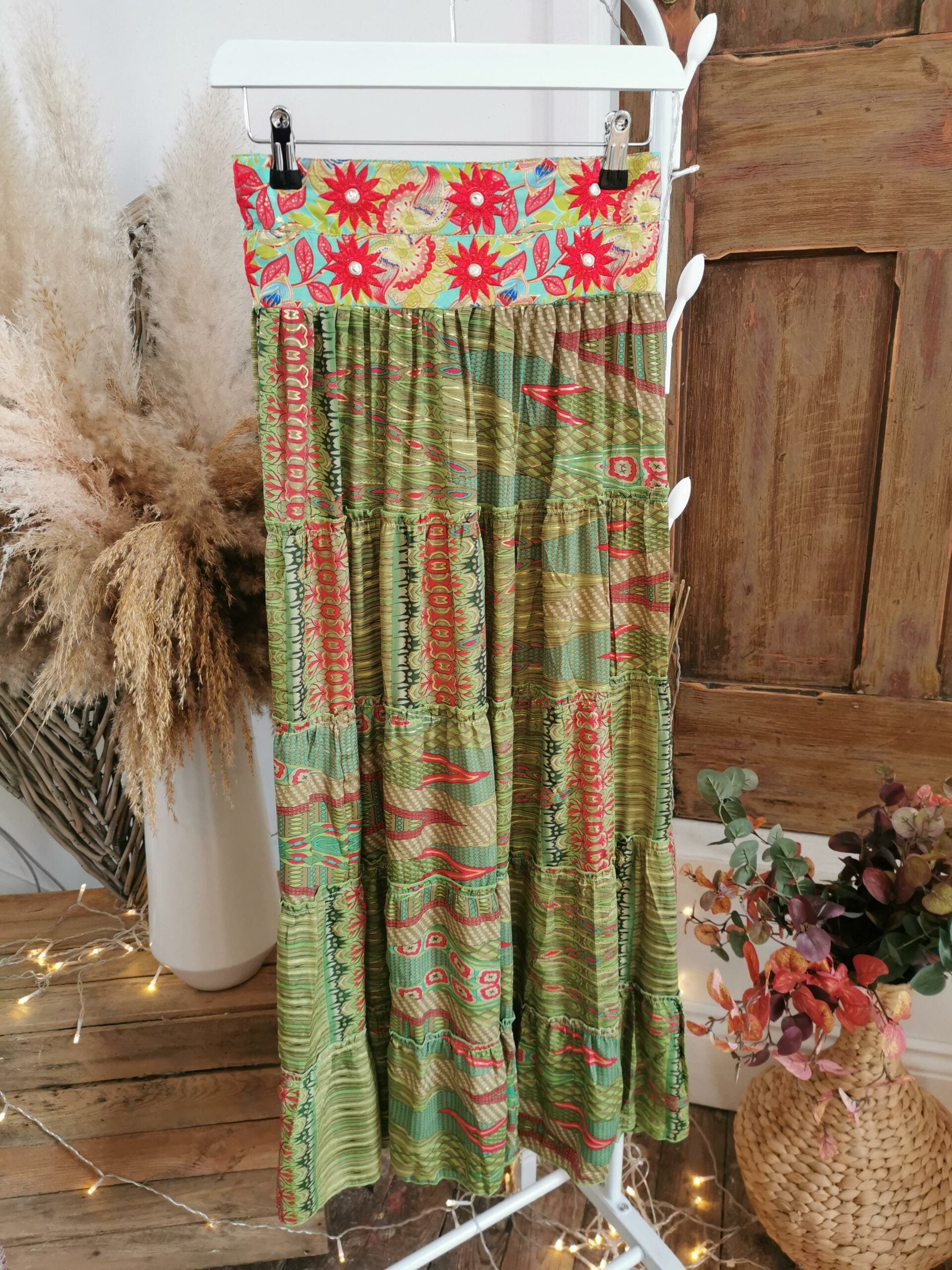 Khaki & Lime Lila Indian Silk Tiered Maxi Skirt