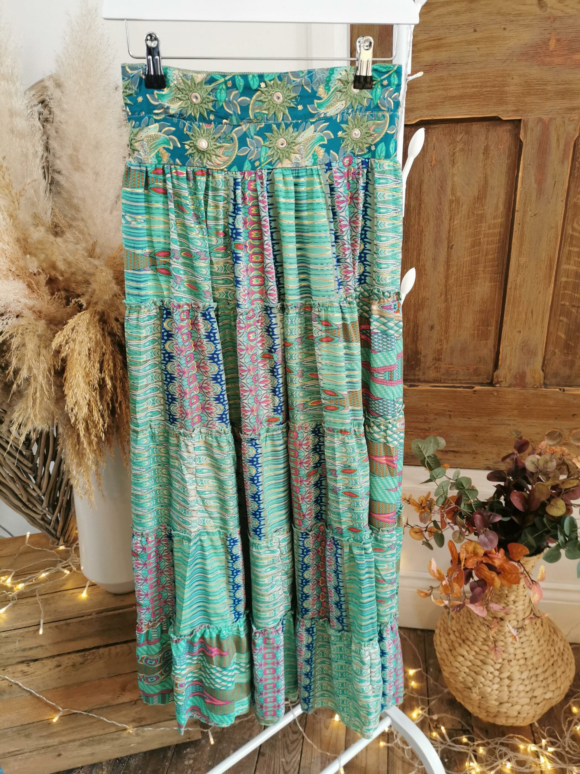 Turquoise & Rose Lila Indian Silk Tiered Maxi Skirt