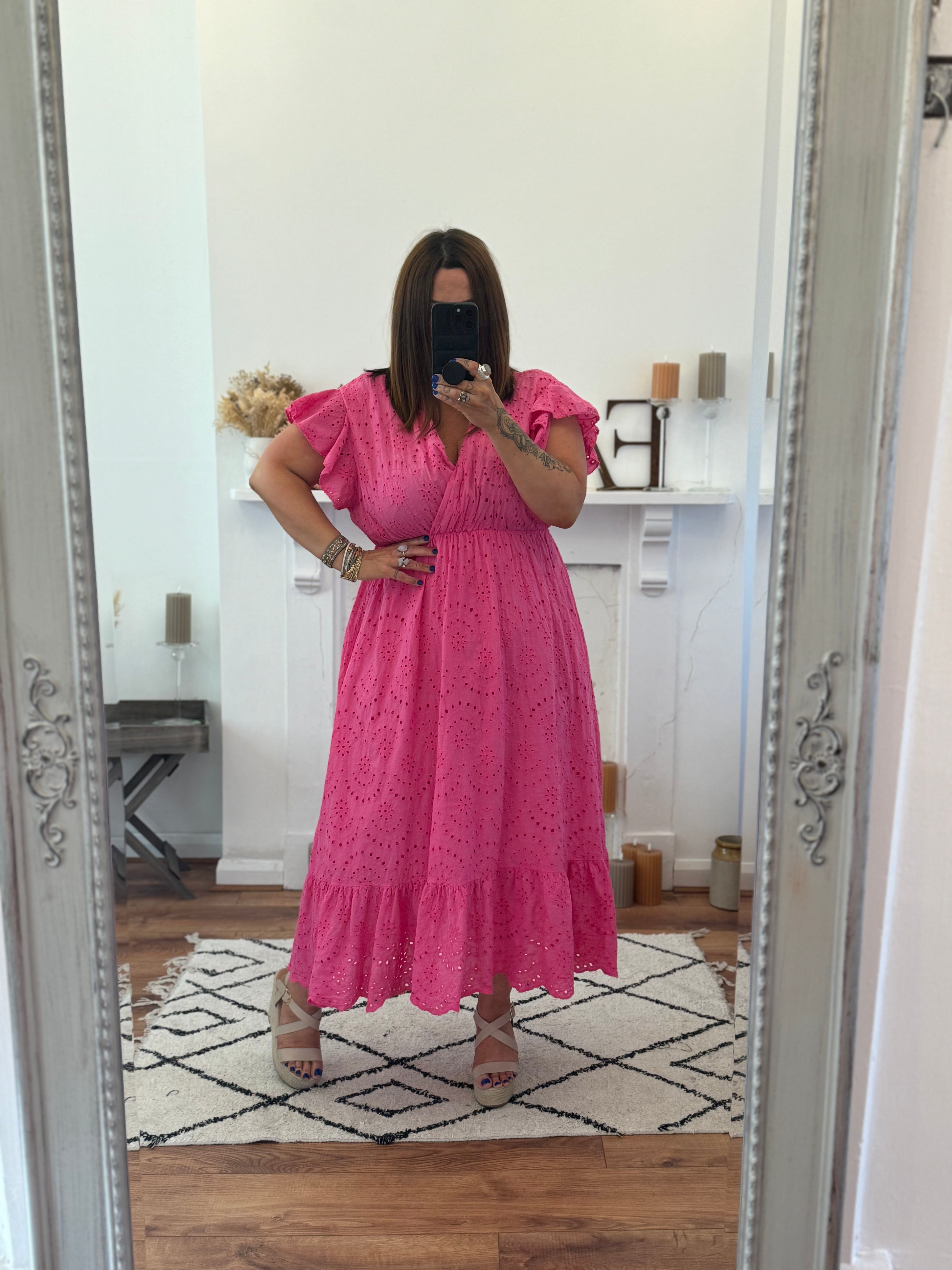 Hot Pink Rosie Broderie Anglaise Midaxi Dress