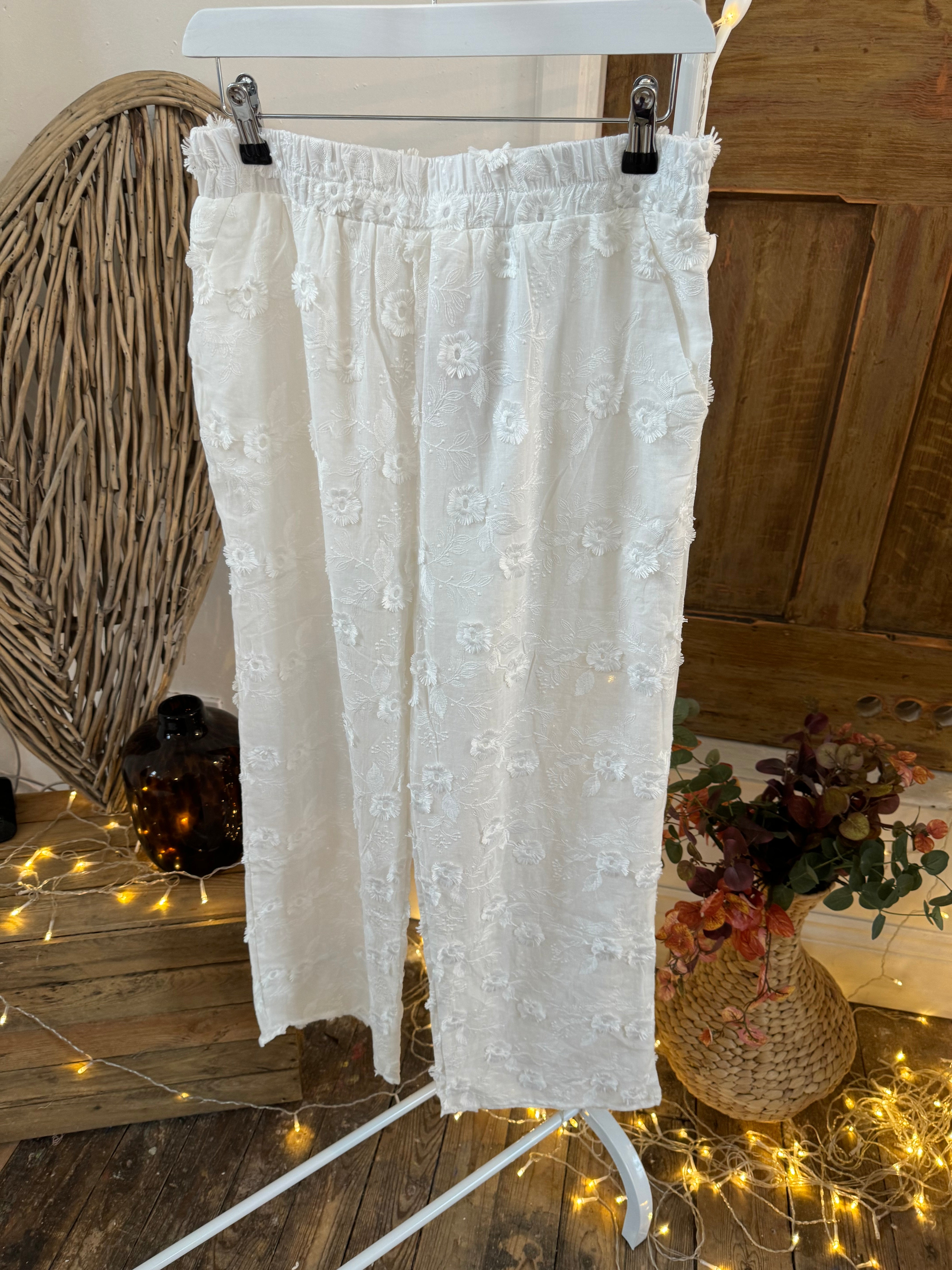 White Daisy Stitch Broderie Anglaise Trousers