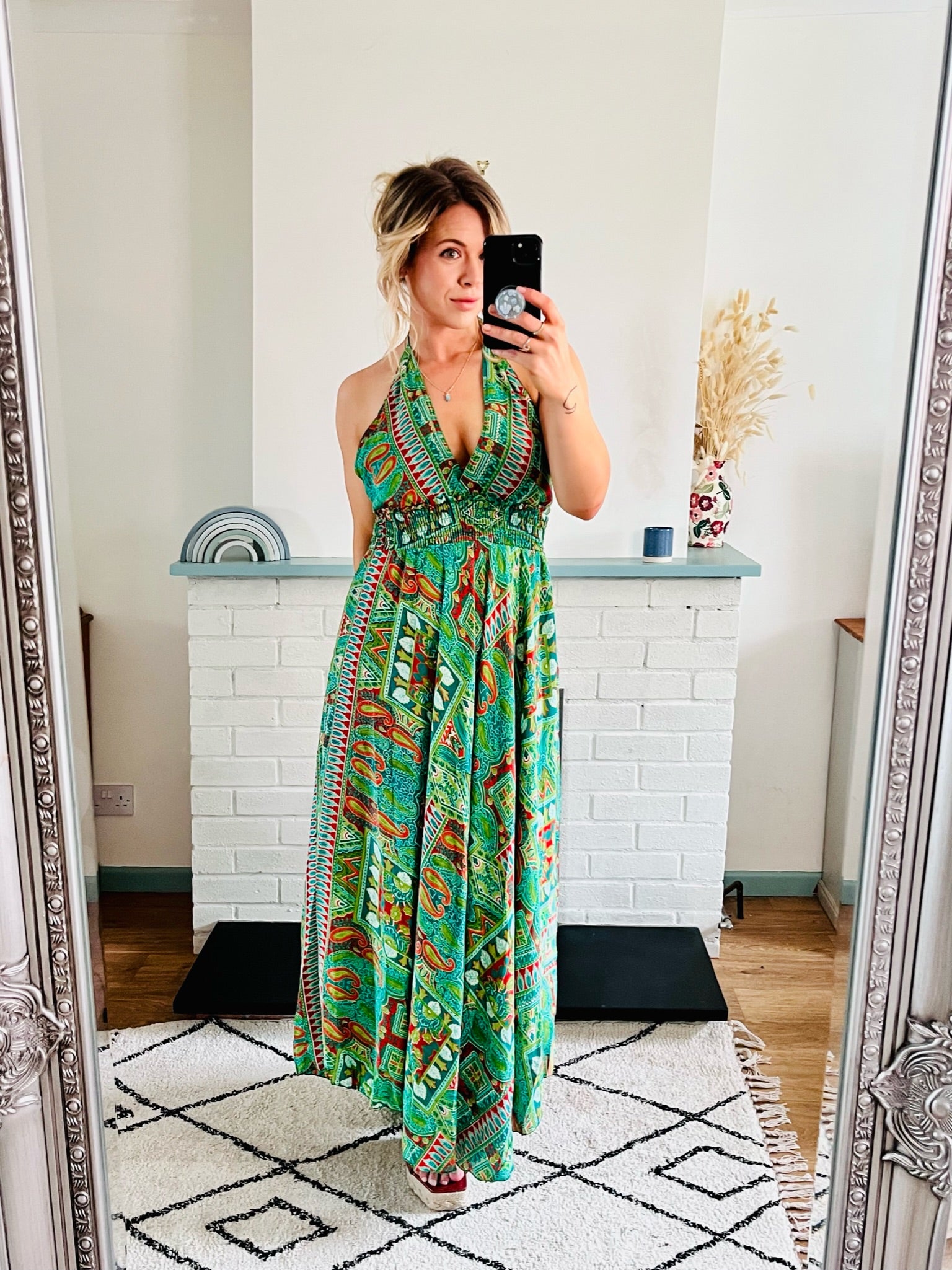 Jade Green Robyn Indian Silk Batik Print Maxi Dress