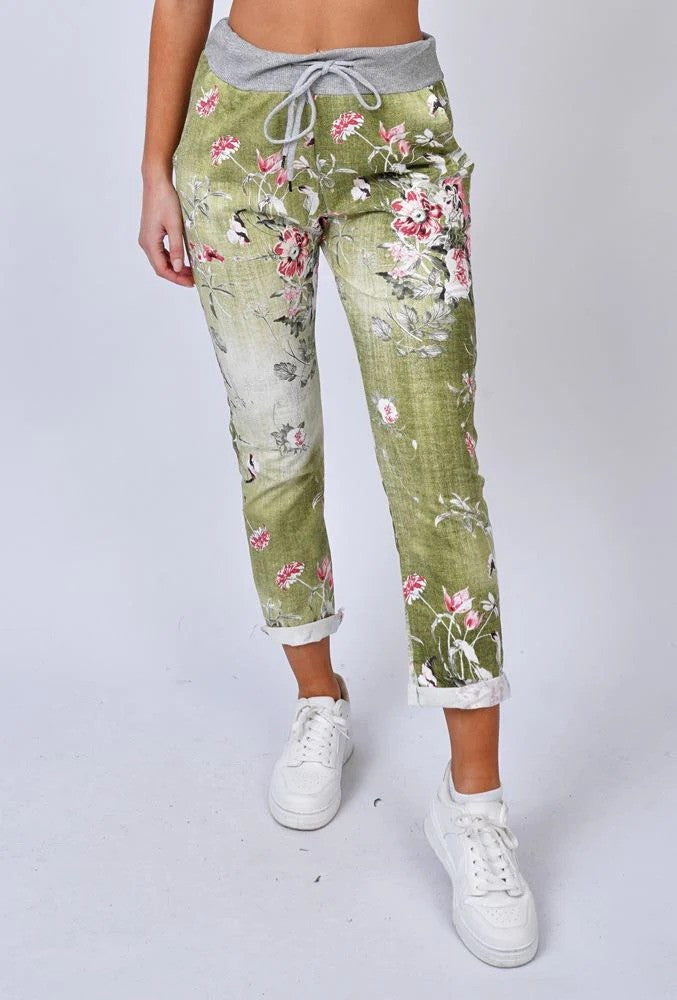 Khaki Green Floral Slouch Trousers