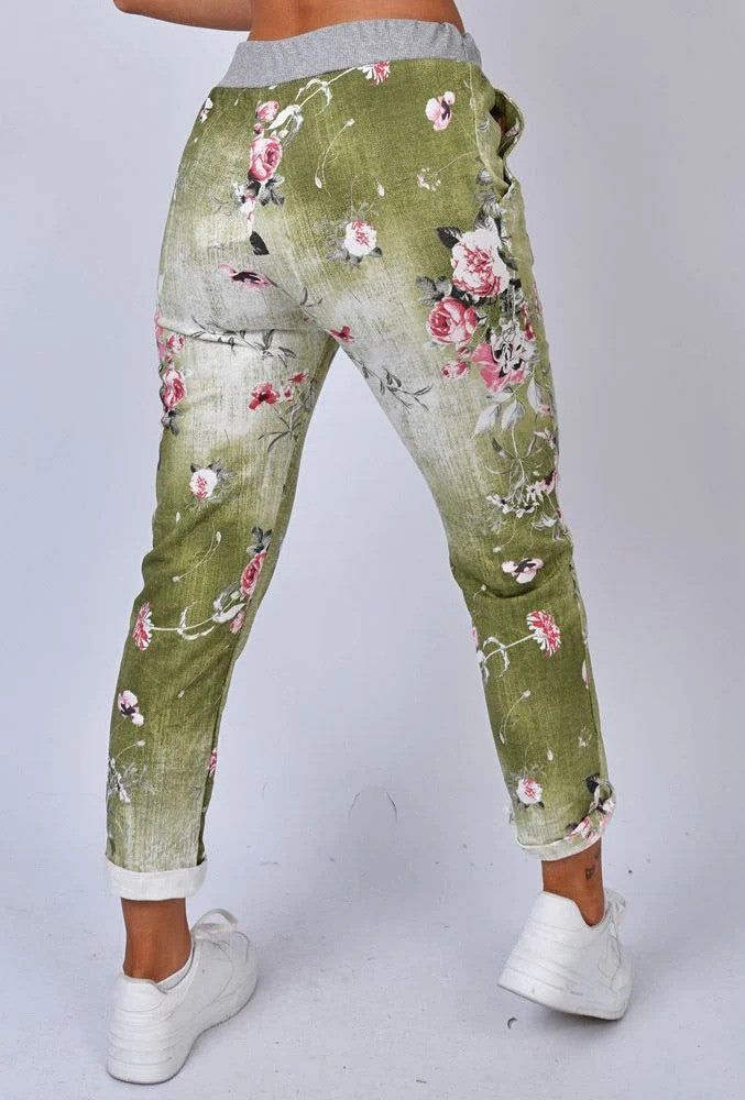 Khaki Green Floral Slouch Trousers
