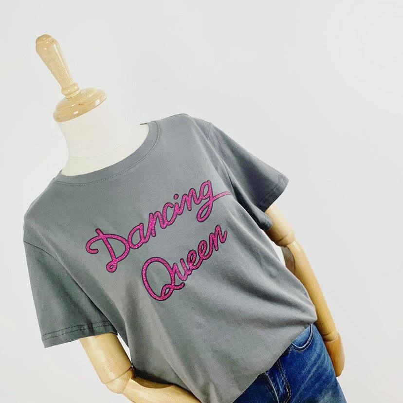 Grey Dancing Queen Glitter Print T-Shirt