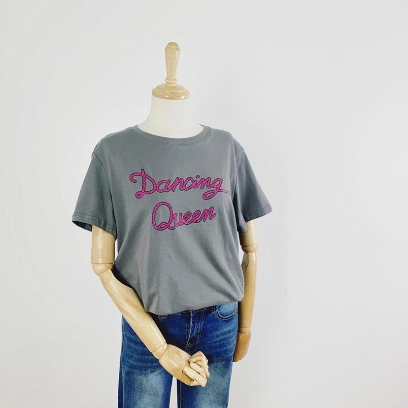 Grey Dancing Queen Glitter Print T-Shirt