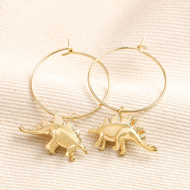 Gold Stegosaurus Dinosaur Hoop Earrings