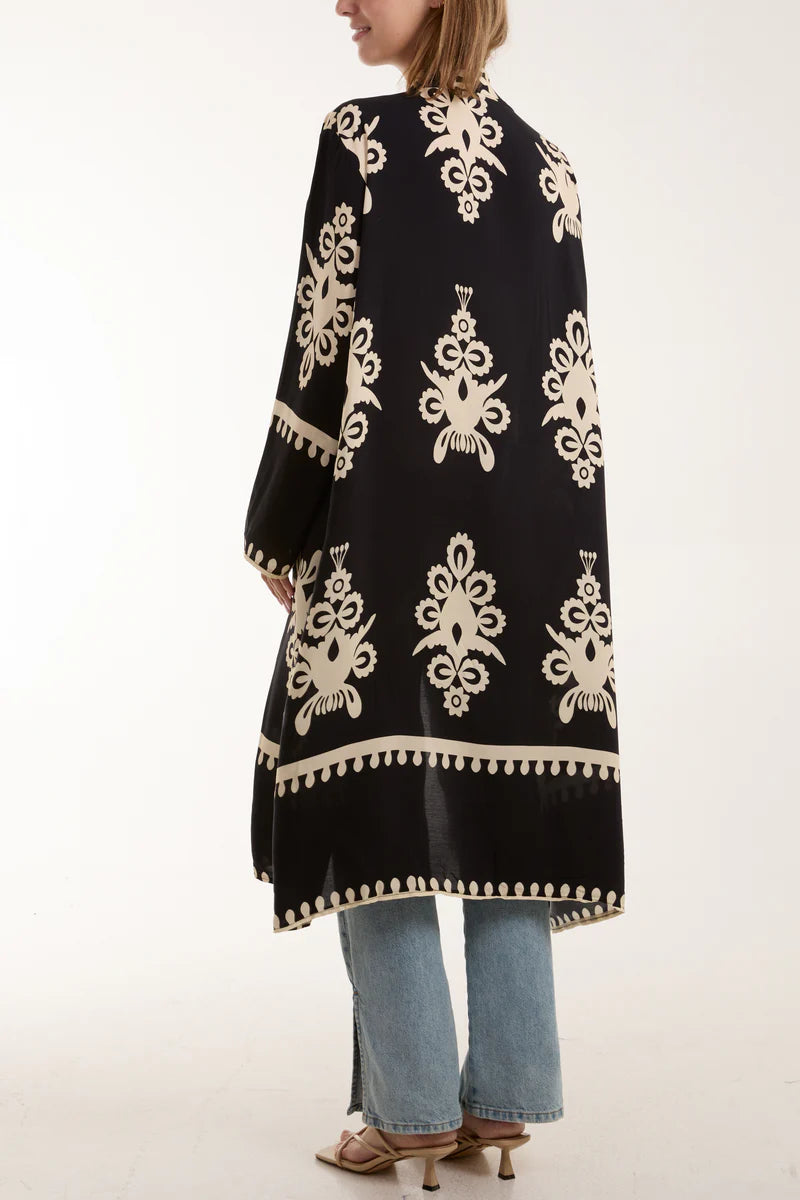 Black Arabian Print Mid Length Kimono