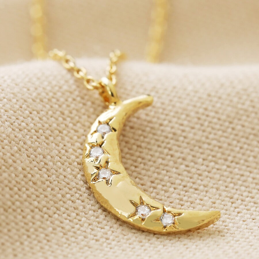 Gold Crescent Moon & Crystal Necklace
