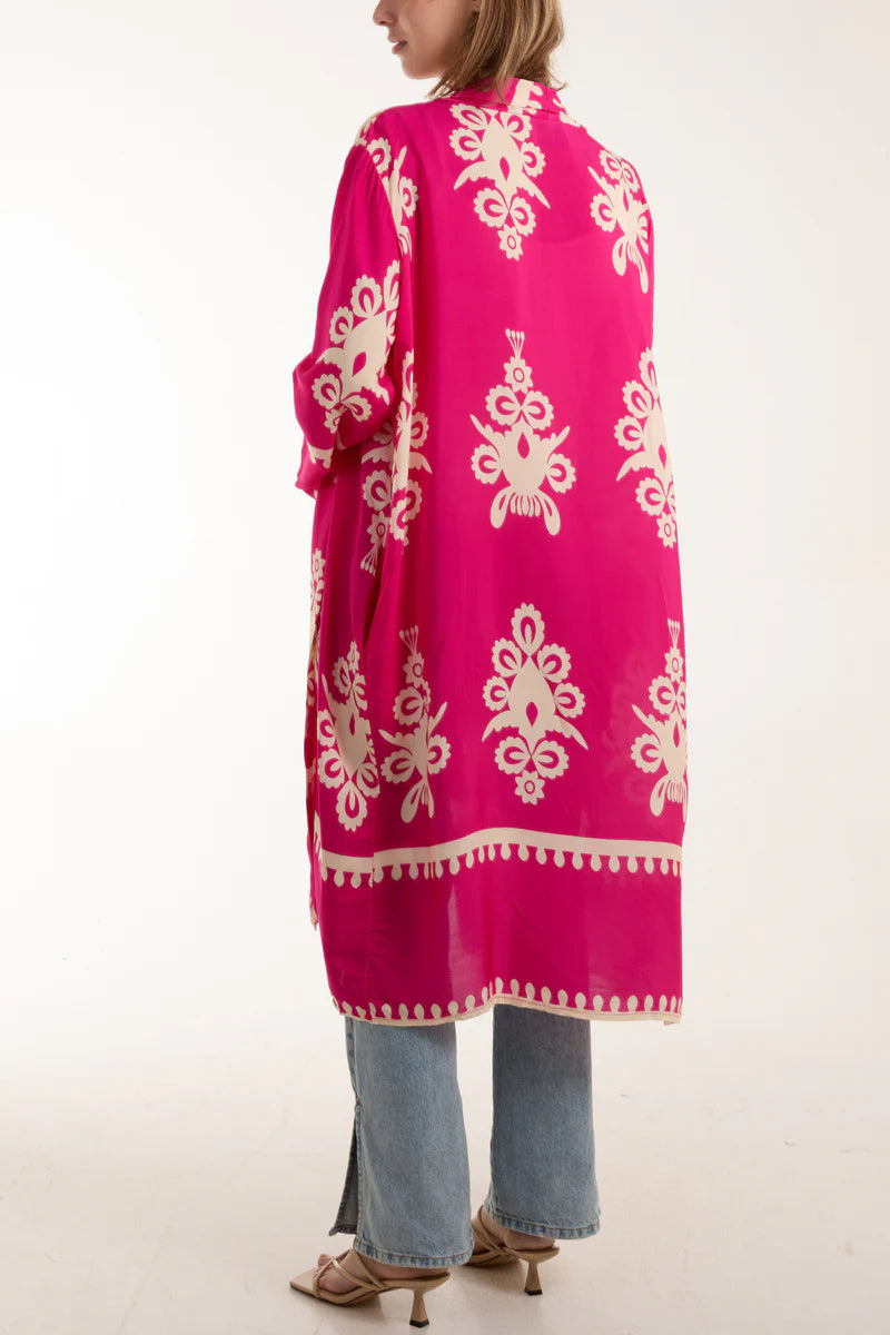 Hot Pink Arabian Print Mid Length Kimono