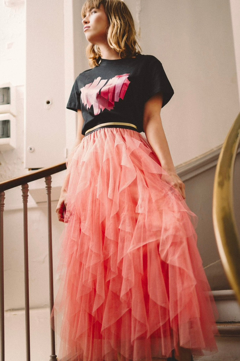 Coral Waterfall Tulle Skirt