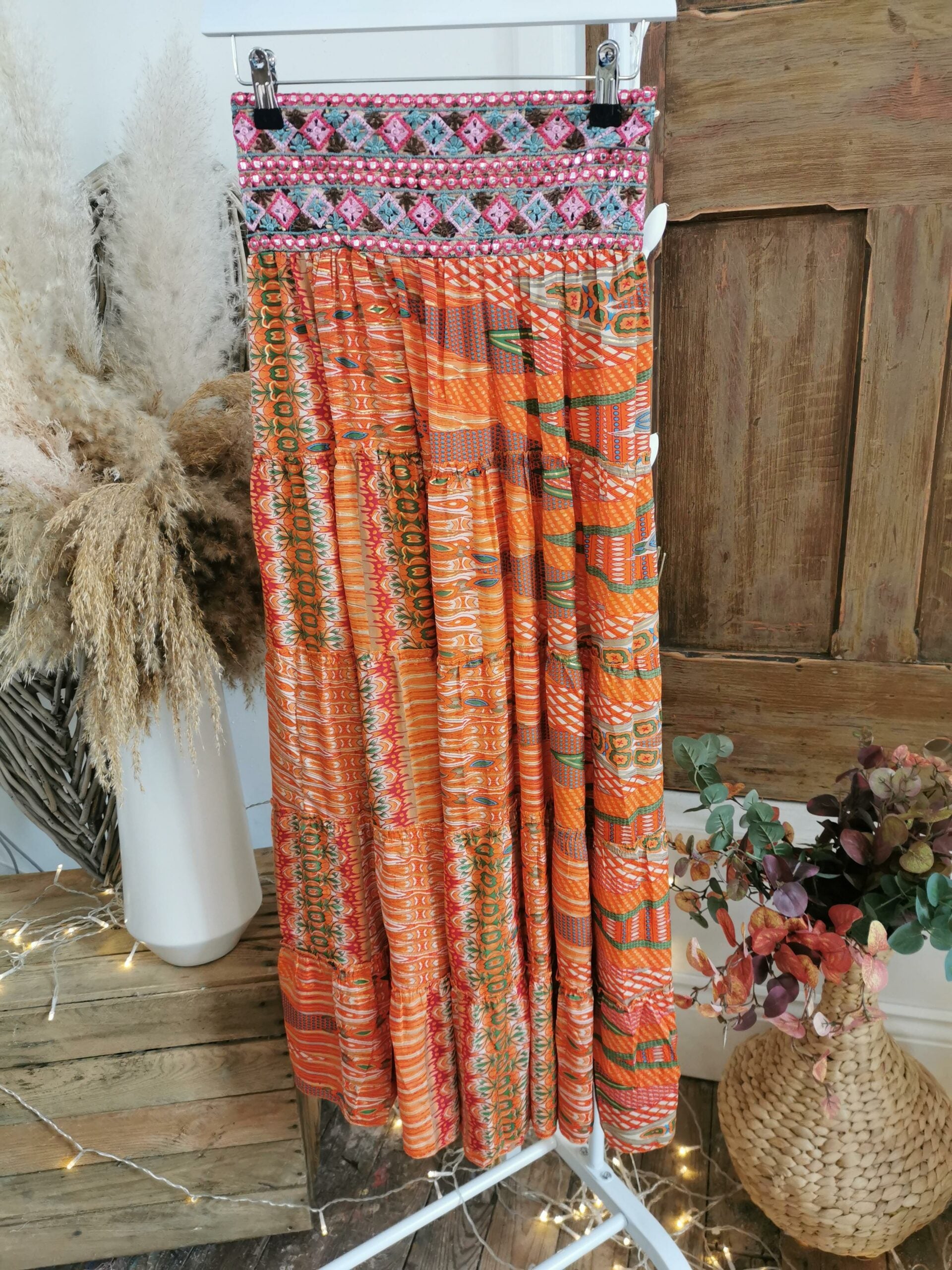 Zesty Orange Lila Indian Silk Tiered Maxi Skirt