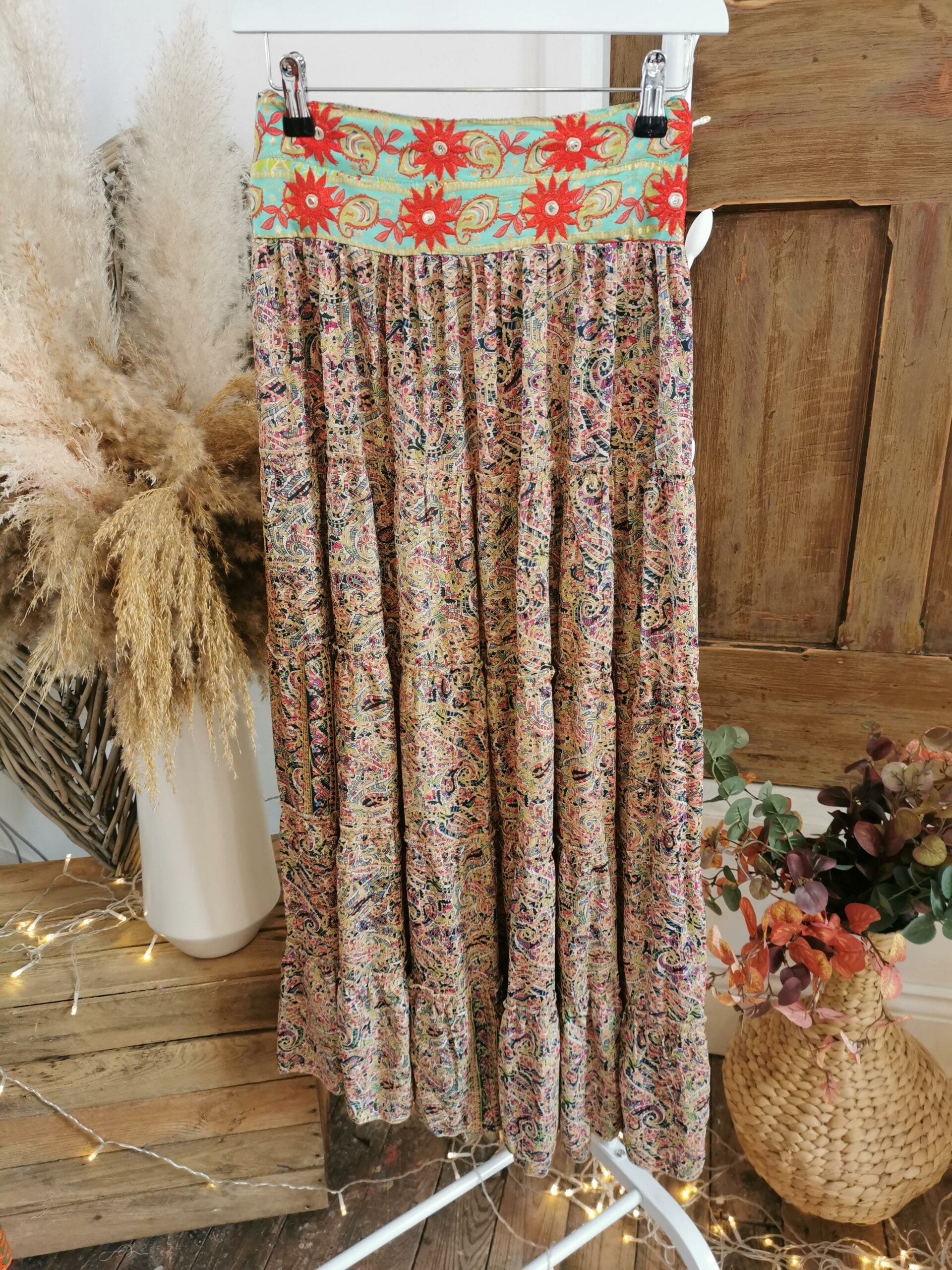 Cerise & Lime Lila Indian Silk Tiered Maxi Skirt