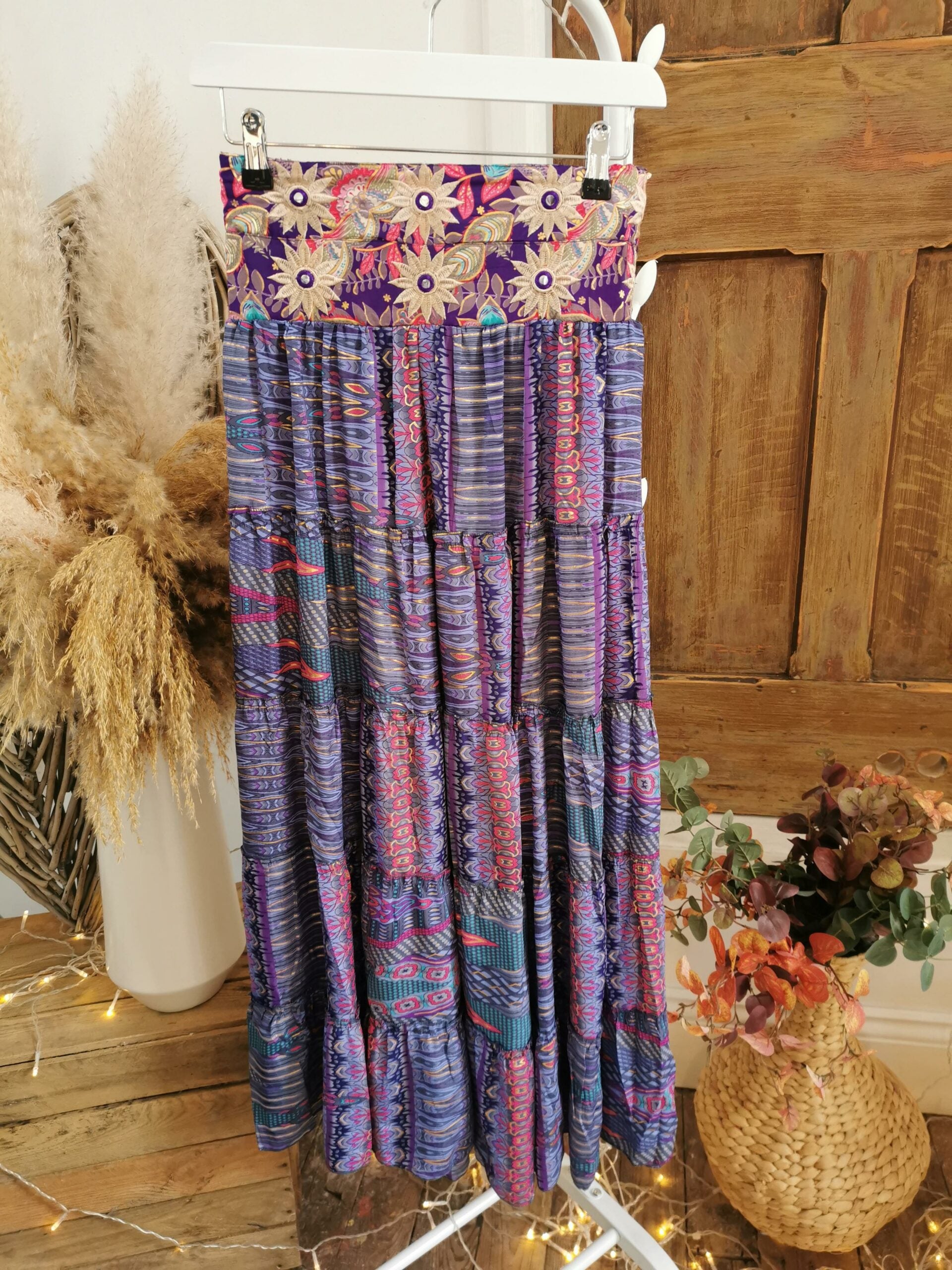 Purple & Pink Lila Indian Silk Tiered Maxi Skirt