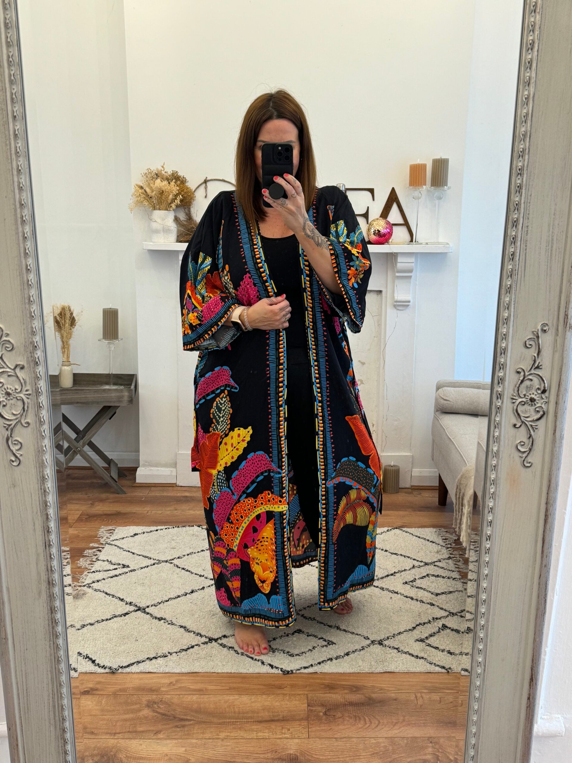 Black Jungle Print long Length Kimono