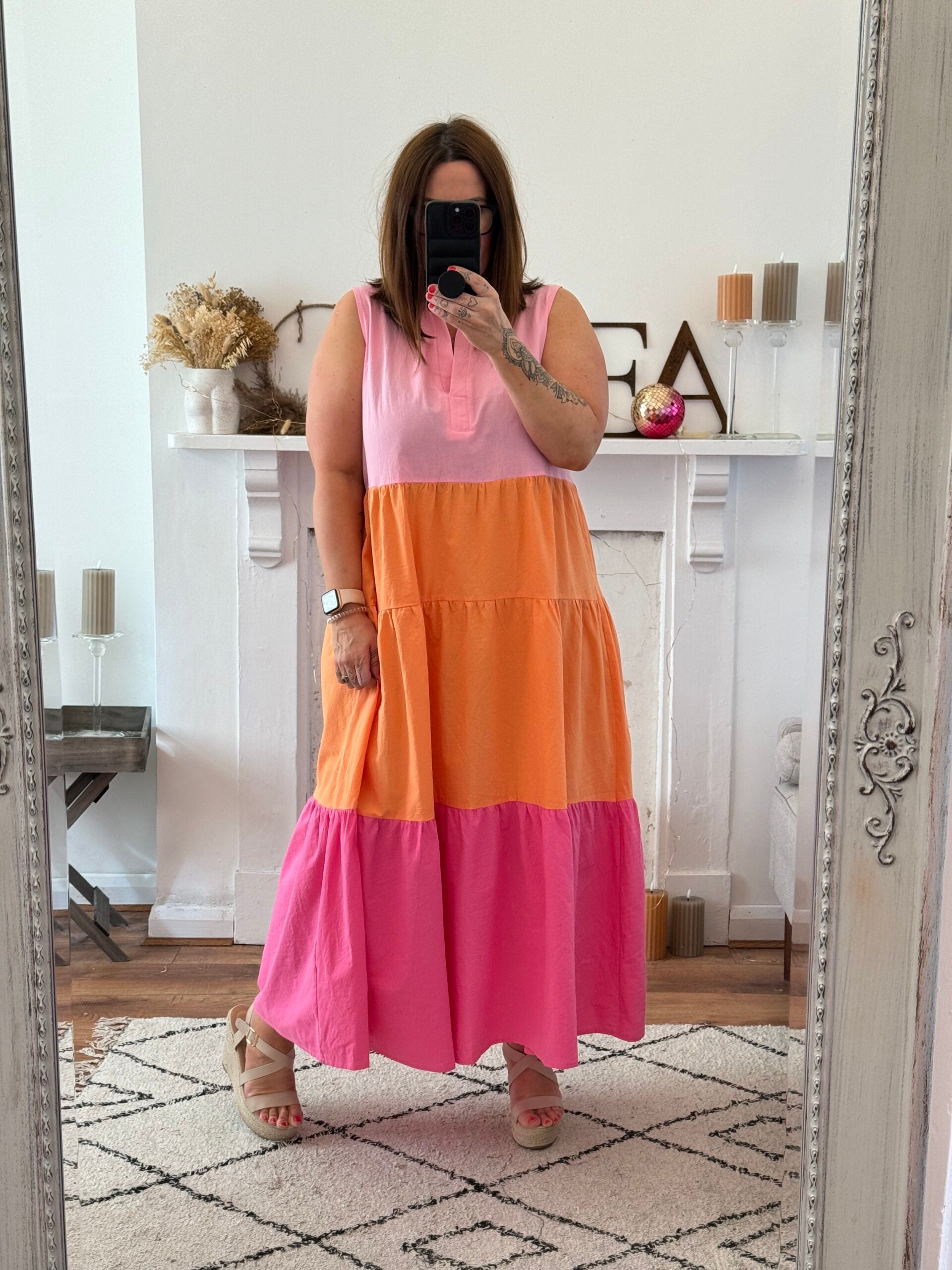 Pink & Orange Fab Colour Block Midaxi Dress