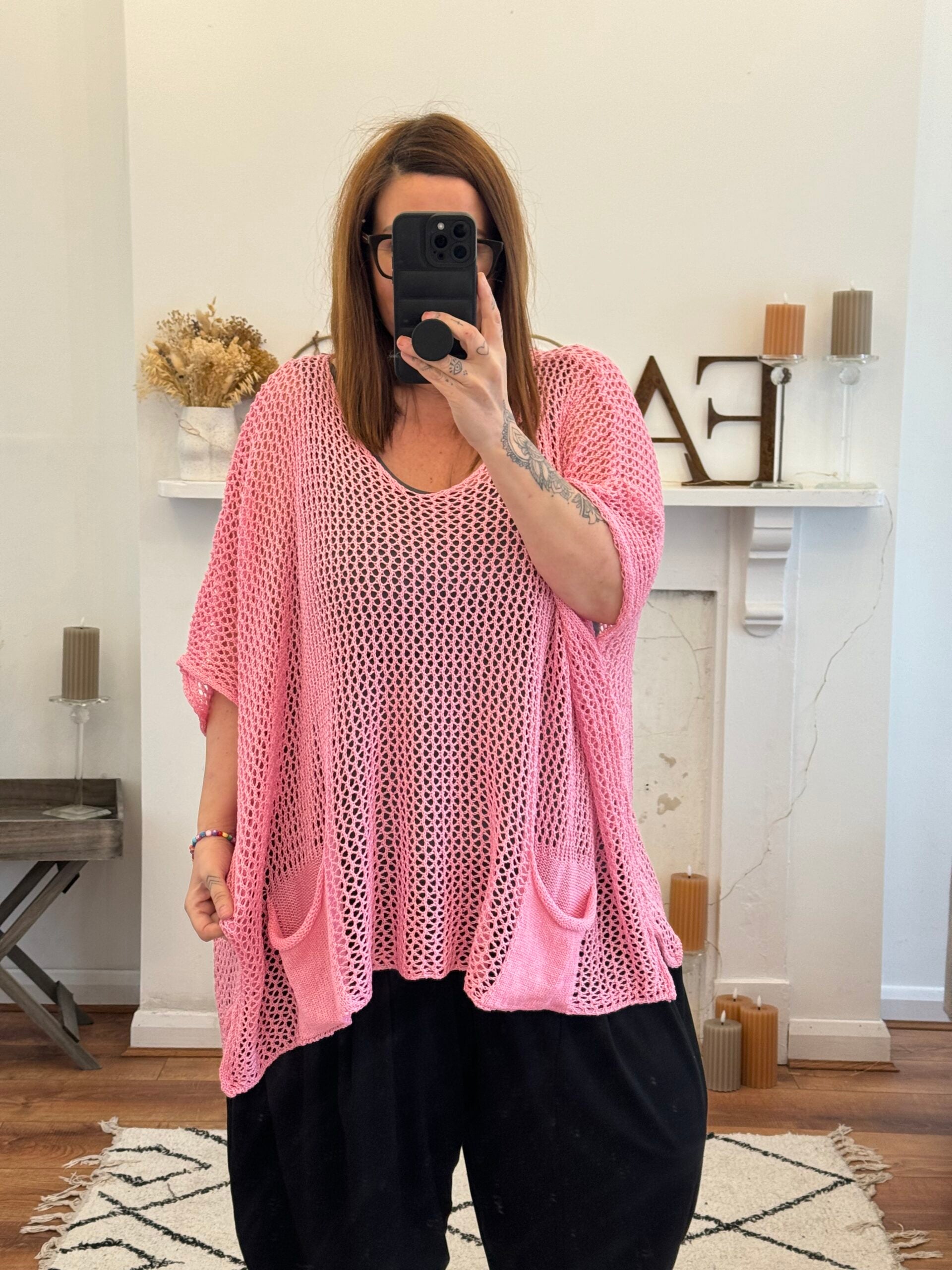 Bubble Gum Pink Oversized Slouch Crochet Top