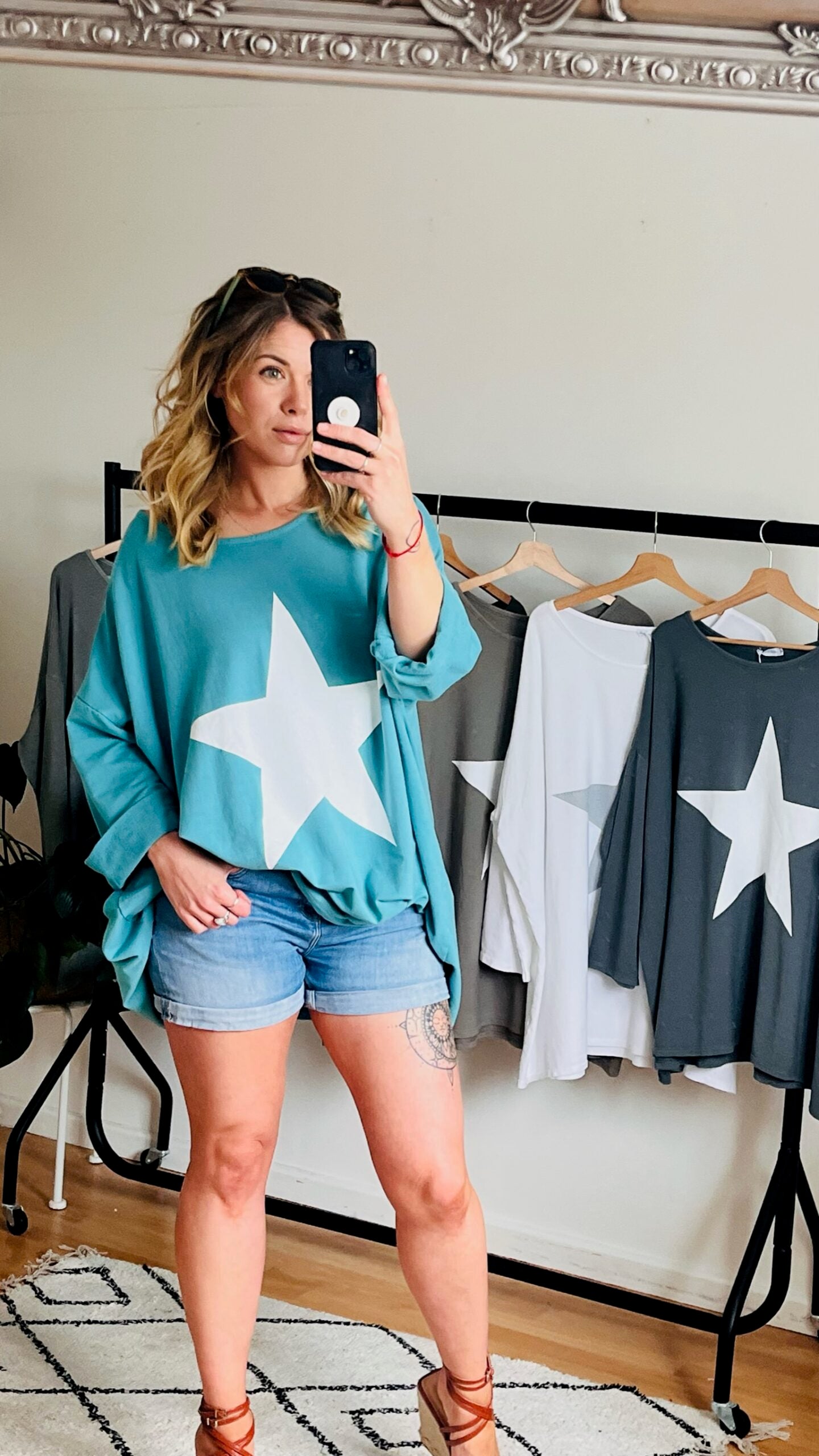 Teal Oversized Star Print Top