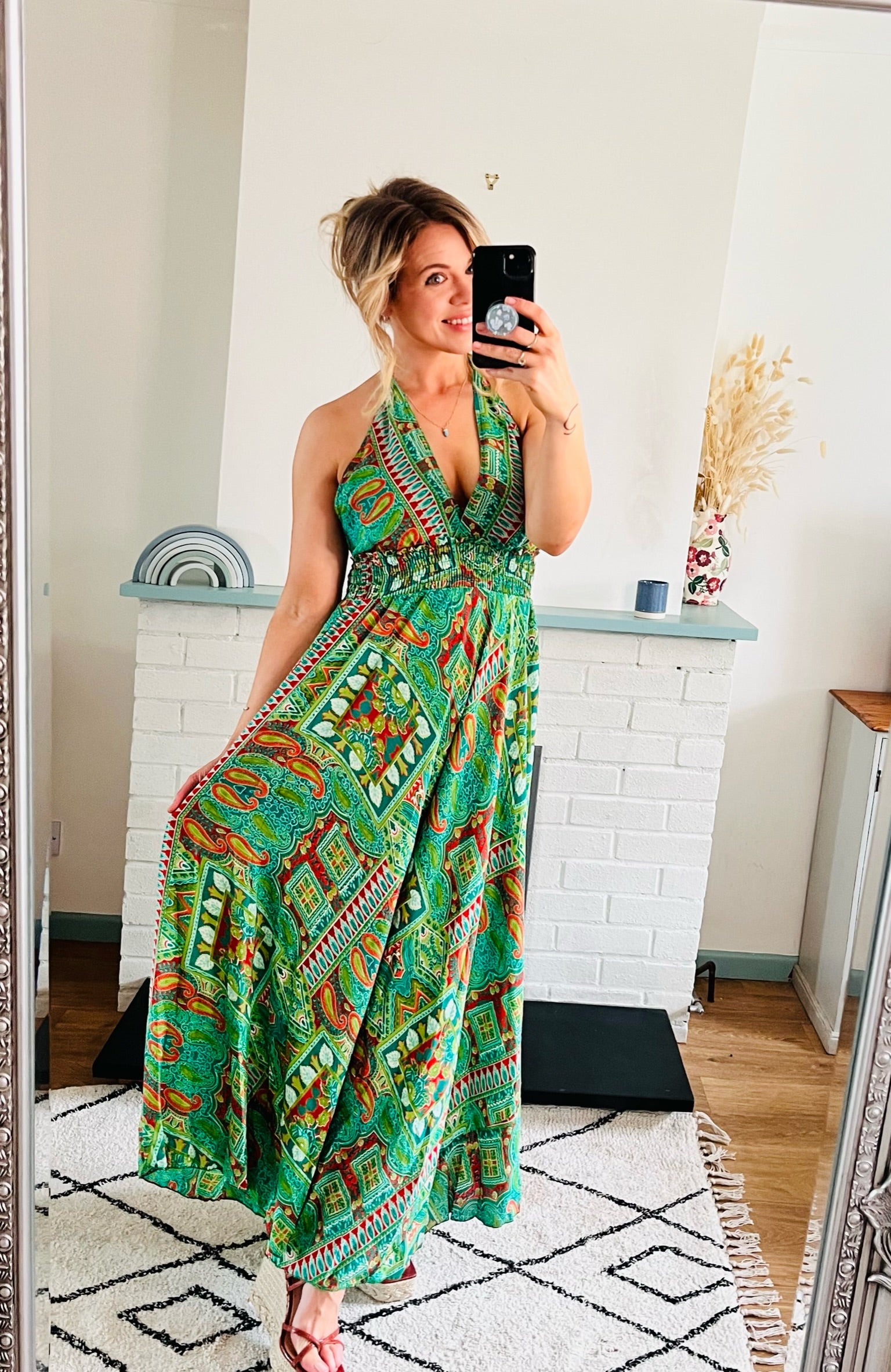Jade Green Robyn Indian Silk Batik Print Maxi Dress