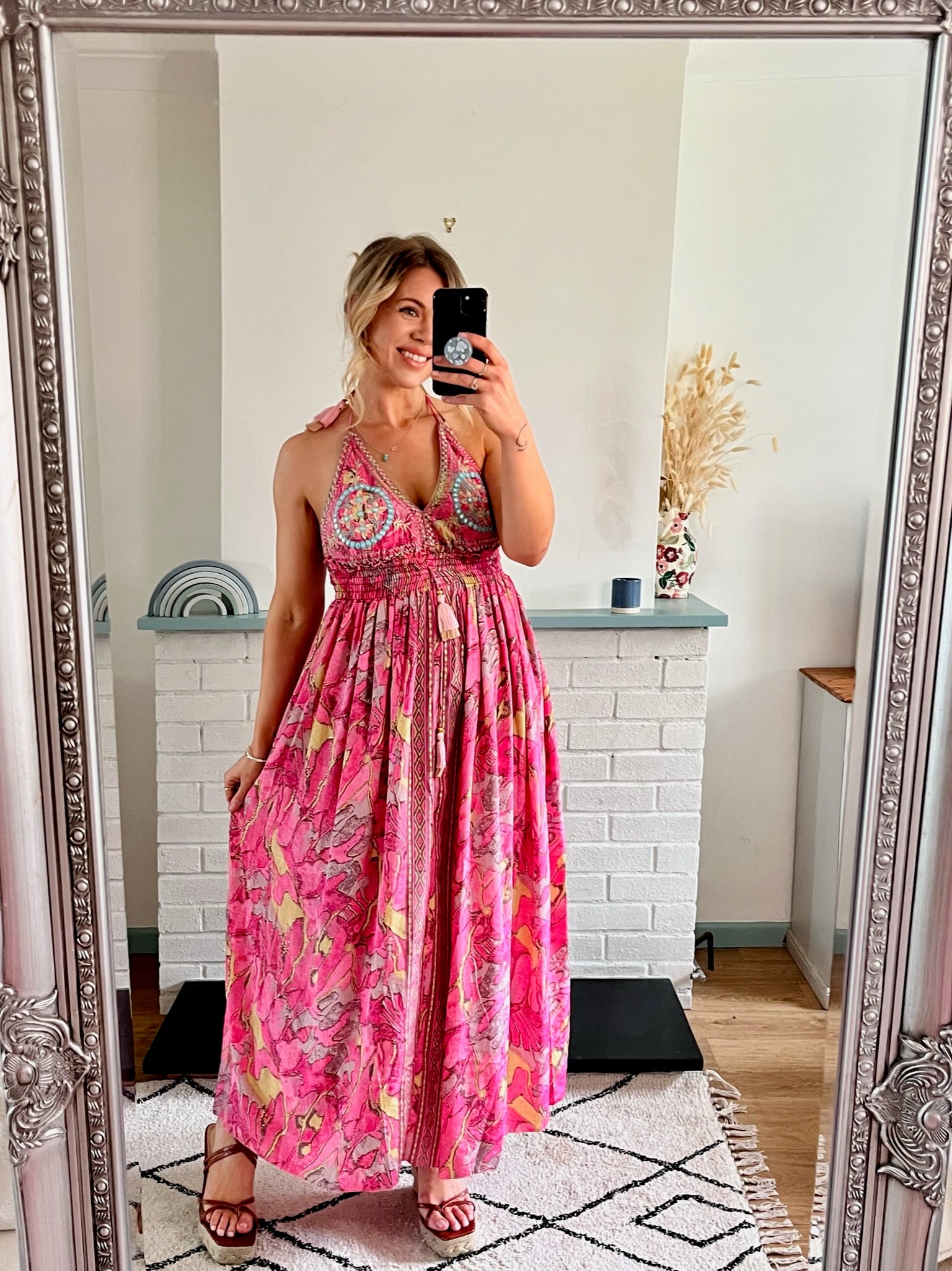 Hot Pink & Gold Skye Indian Silk Embroidered Maxi Dress