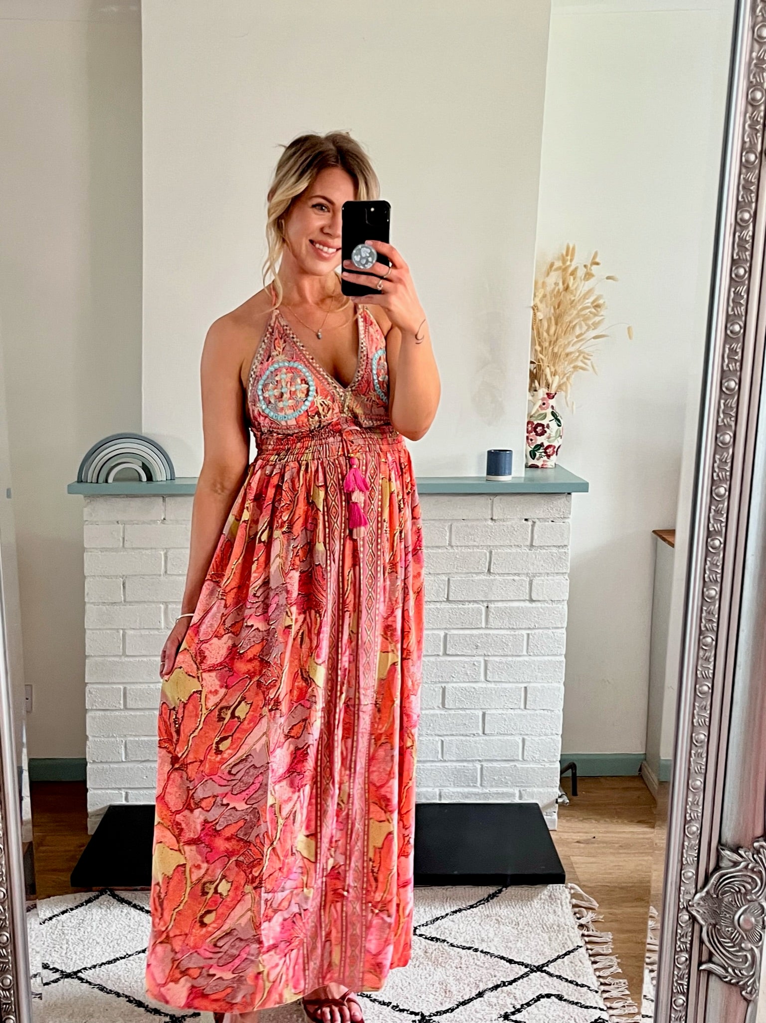 Coral & Gold Skye Indian Silk Embroidered Maxi Dress