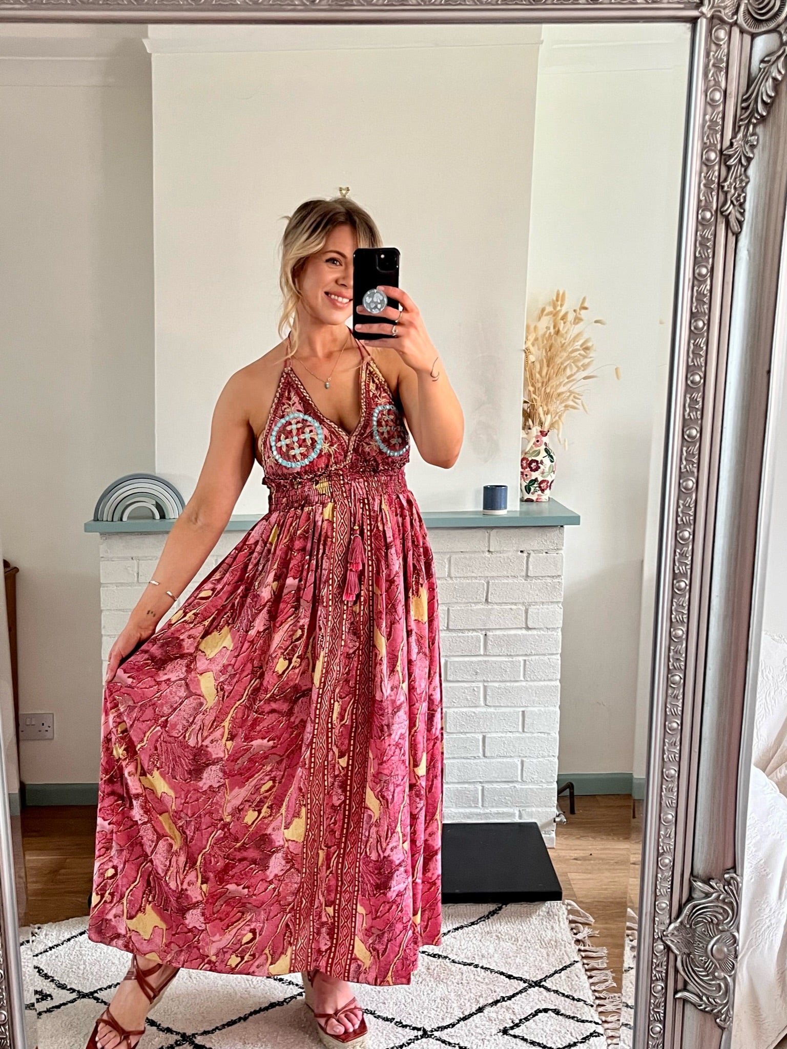 Fiery Rose & Gold Skye Indian Silk Embroidered Maxi Dress