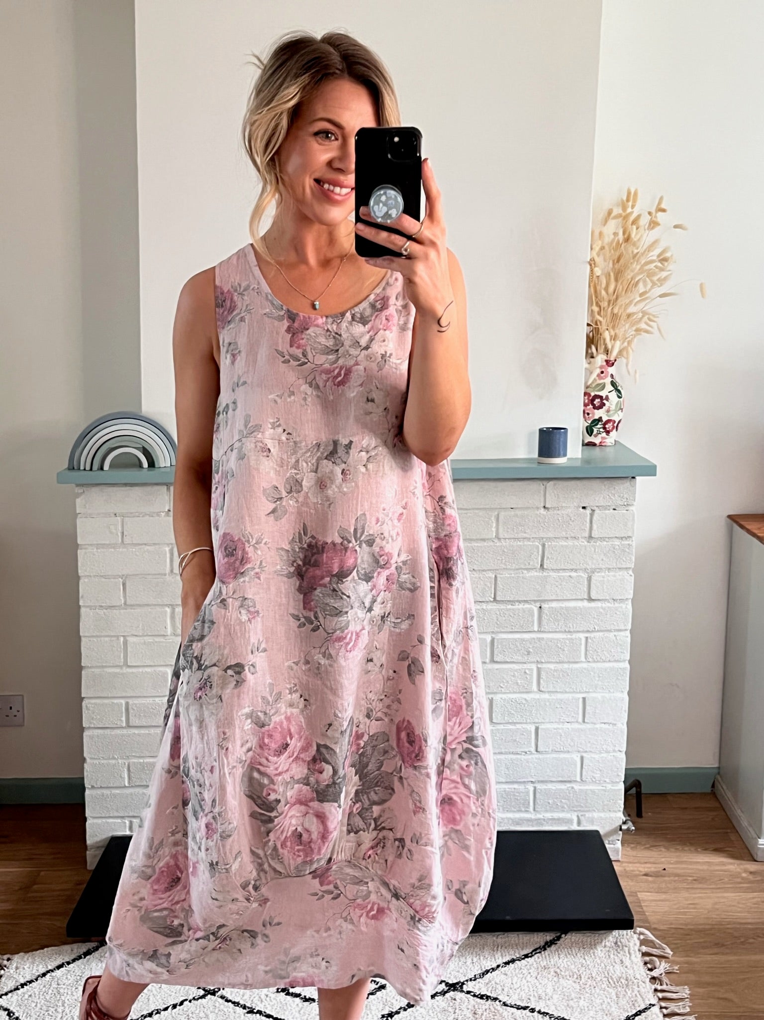 Pink Vintage Wash Floral Linen Dress