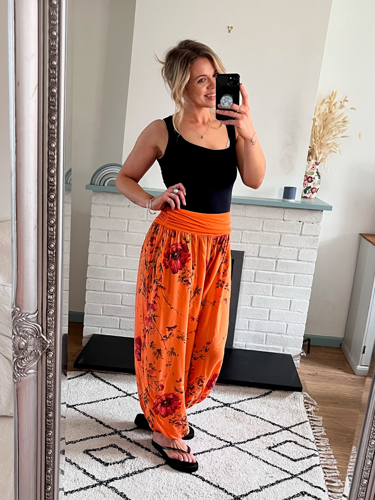 Orange Floral Print Harem Trousers