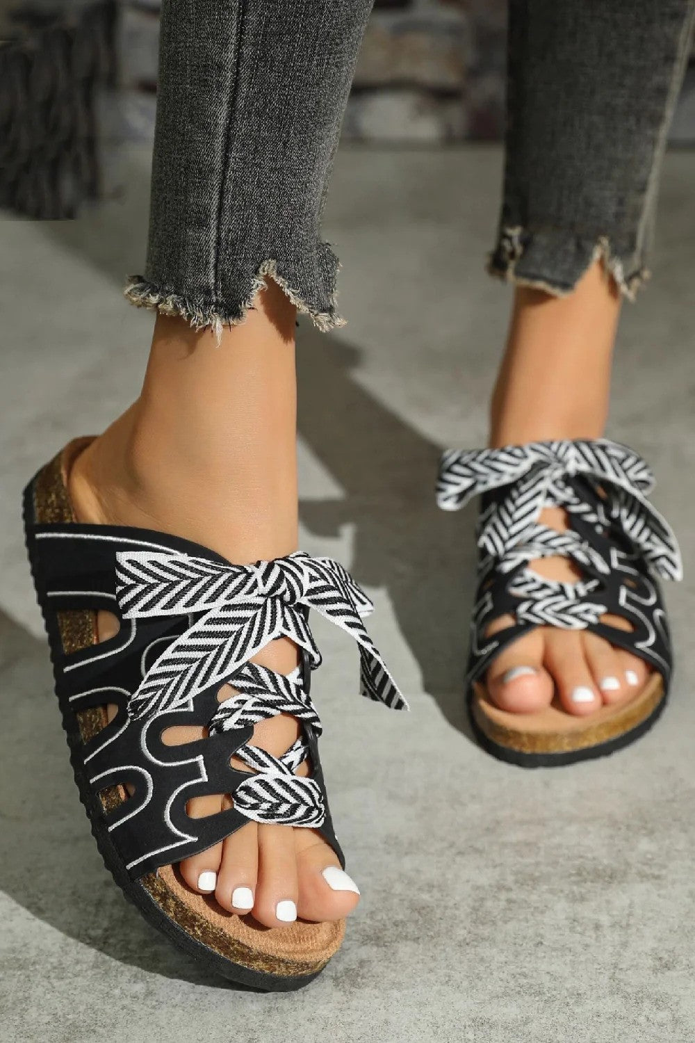 Black Lace Up Chunky Lace Sliders