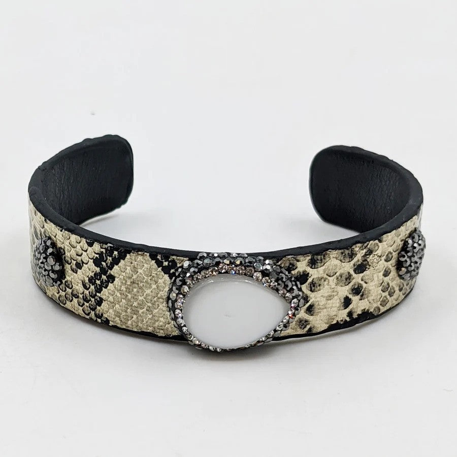 Gold Snake Print Metallic Cuff With Mother Of Pearl