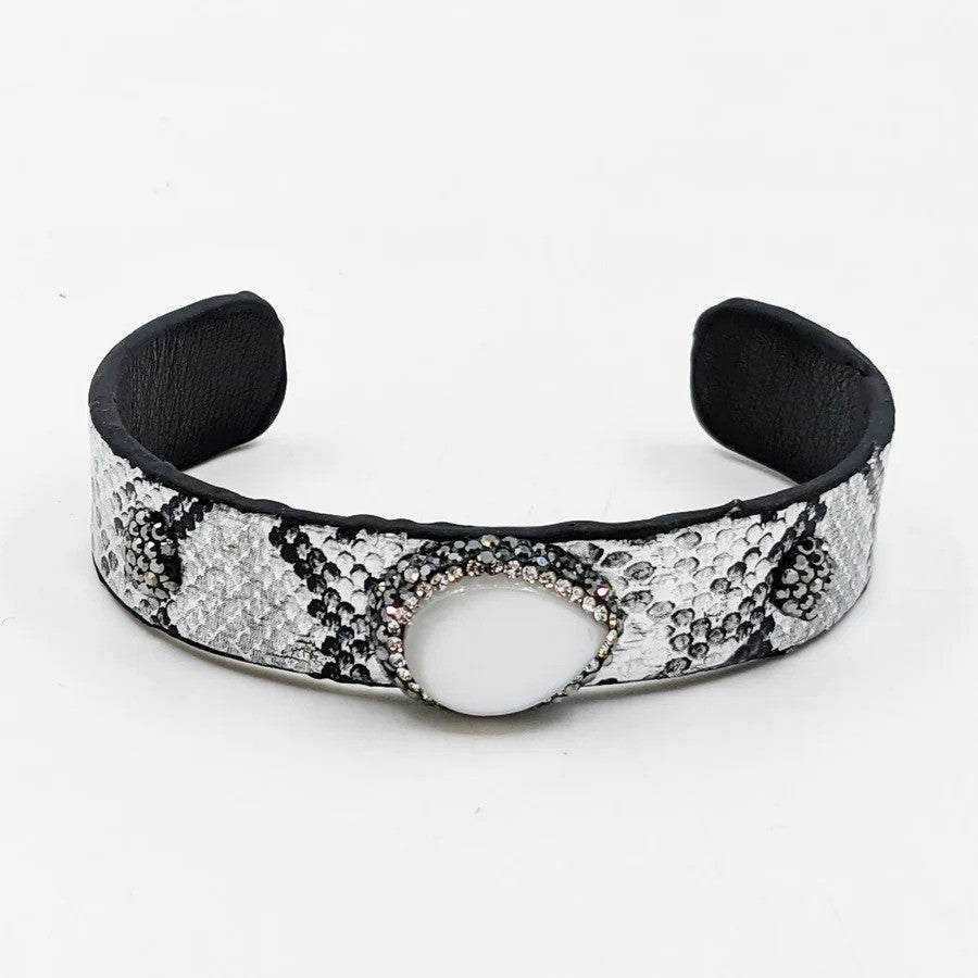 Silver Snake Print Metallic Cuff With Mother Of Pearl