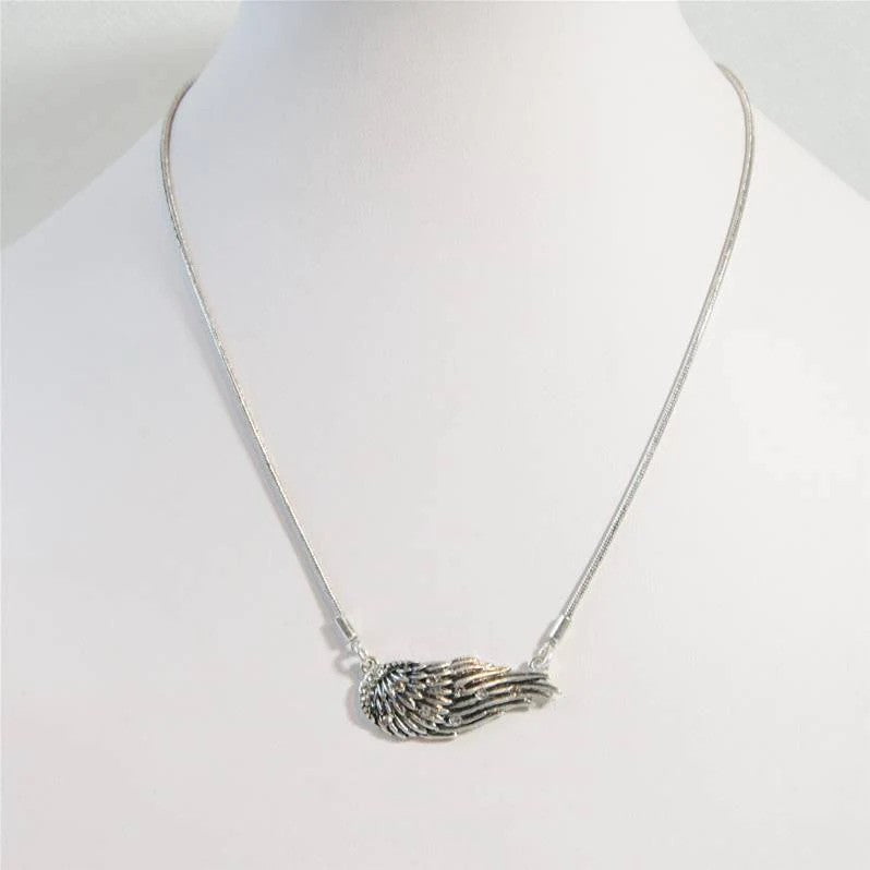 Single Silver Encrusted Angel Wing Short Chain Necklace