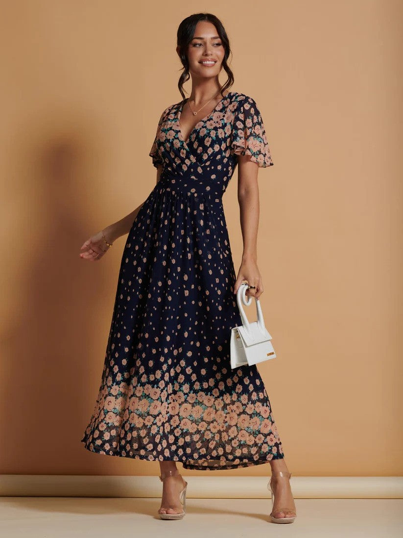Navy Scatter Floral Angel Wing Sleeve Maxi Dress
