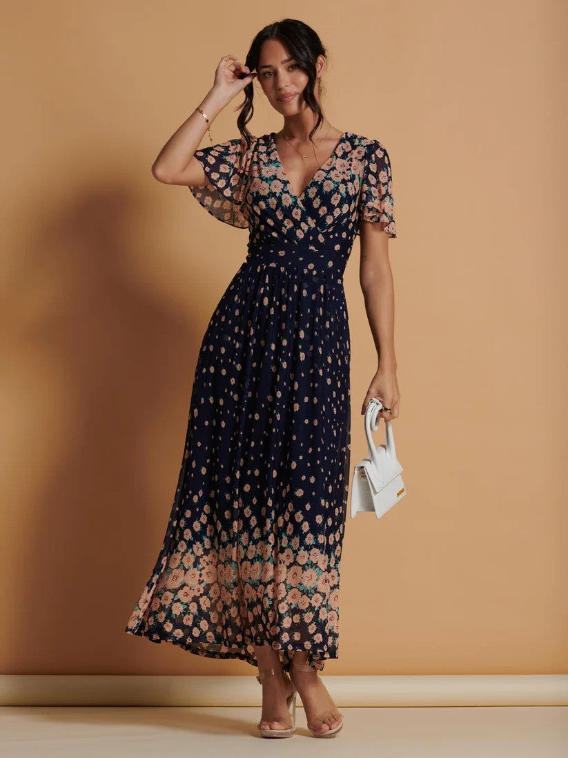 Navy Scatter Floral Angel Wing Sleeve Maxi Dress