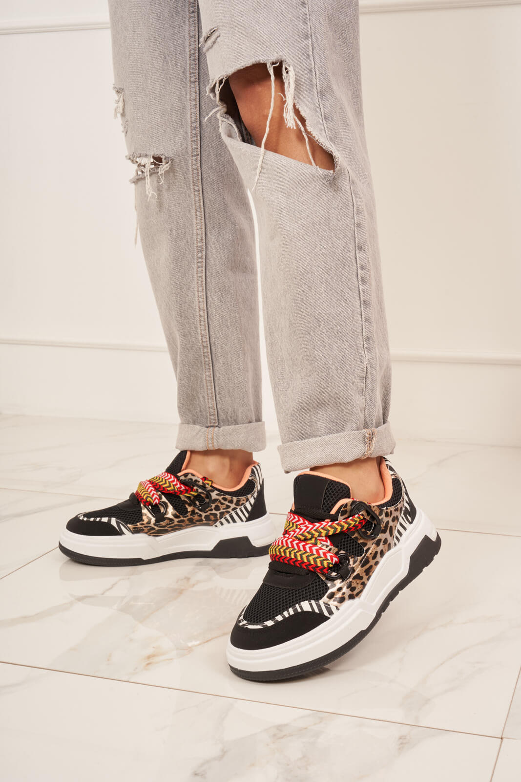 Mixed Animal Print Lexie Bow Detail Chunky Trainers