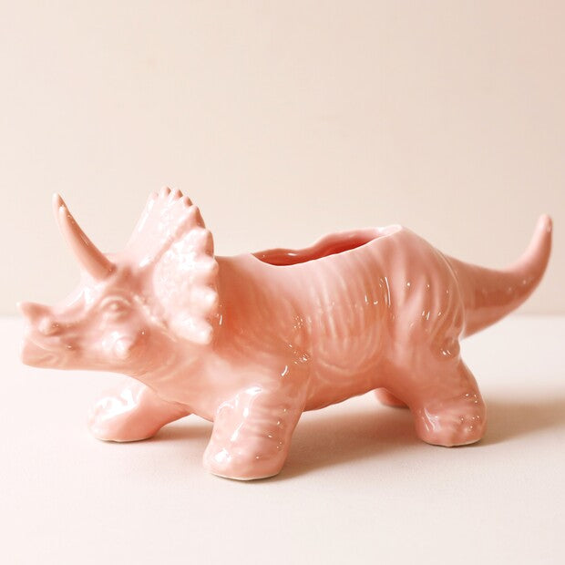 Pink Ceramic Triceratops Dinosaur Planter